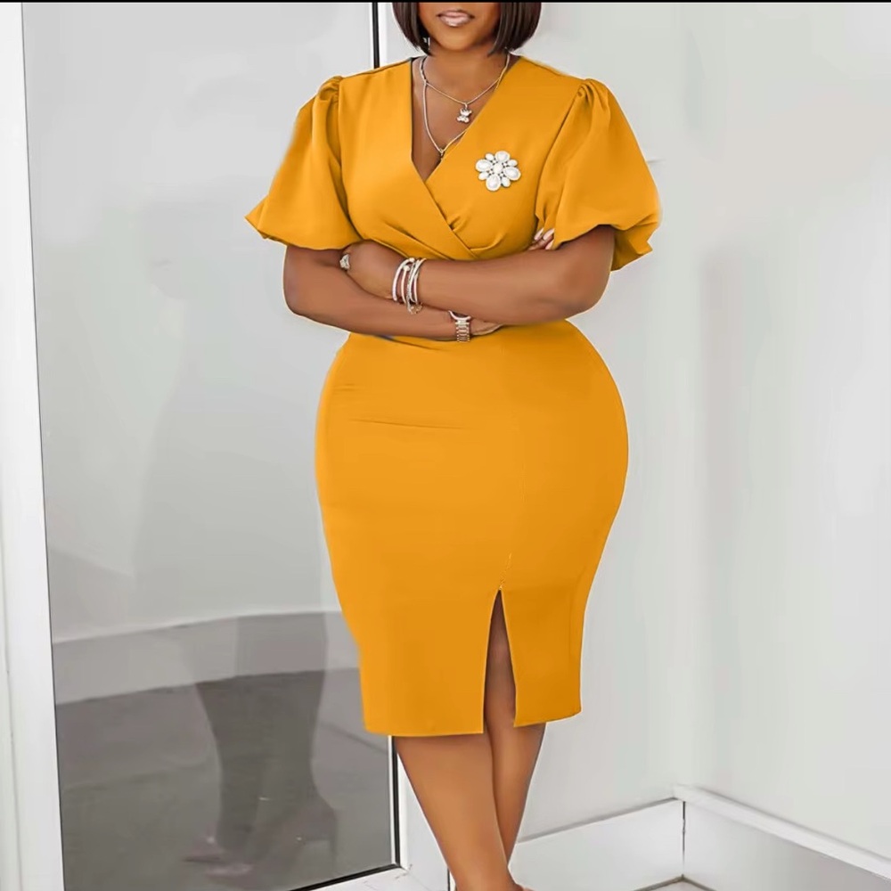 Elegant Mustard Yellow Dress with Puff Sleeves